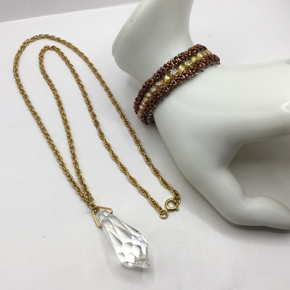 Multi-Faceted Crystal Prism Necklace with Handcrafted Glass Seed Bead Bracelet